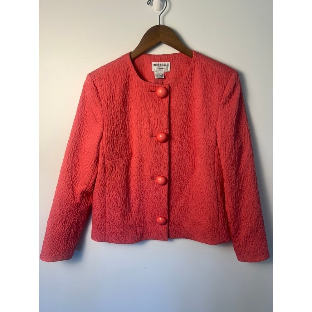 Charles Gray Wm 10‎ Blazer Pink Crinkle Textured Jacket Buttons Old Money Granny